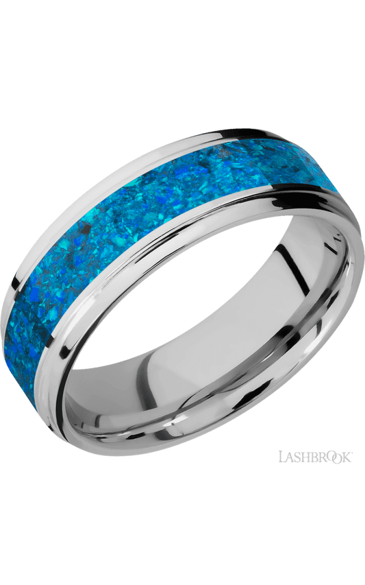 7 mm wide/Flat Grooved Edges/Cobalt Chrome band with one 4 mm Centered inlay of Blue Opal.