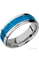 7 mm wide/Flat Grooved Edges/Cobalt Chrome band with one 4 mm Centered inlay of Blue Opal.