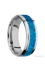 7 mm wide/Flat Grooved Edges/Cobalt Chrome band with one 4 mm Centered inlay of Blue Opal.