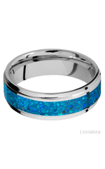 7 mm wide/Flat Grooved Edges/Cobalt Chrome band with one 4 mm Centered inlay of Blue Opal.
