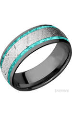 8 mm wide/Domed/Zirconium band featuring inlays of Teal Opal and Meteorite.