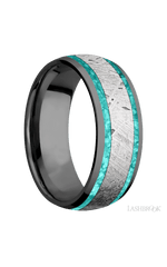 8 mm wide/Domed/Zirconium band featuring inlays of Teal Opal and Meteorite.