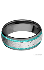 8 mm wide/Domed/Zirconium band featuring inlays of Teal Opal and Meteorite.