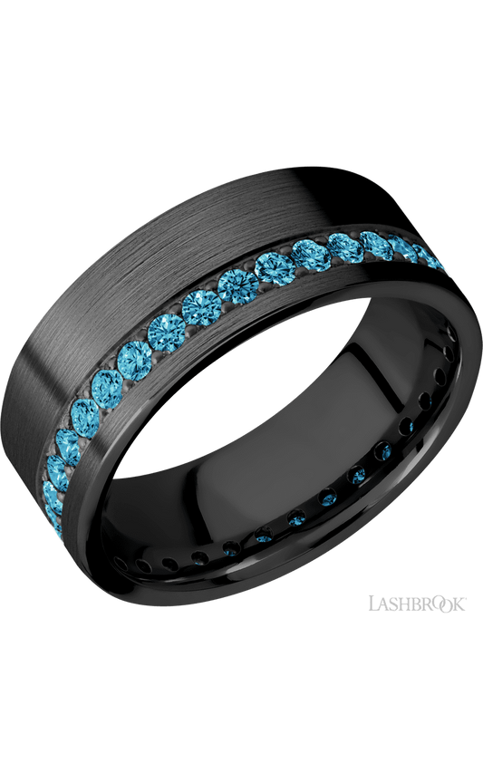 8 mm wide/Flat/Zirconium band with a Off Center Eternity arrangement of .03 carat Round Lab Blue Diamond stones in a Bead setting.