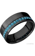 8 mm wide/Flat/Zirconium band with a Off Center Eternity arrangement of .03 carat Round Lab Blue Diamond stones in a Bead setting.
