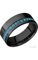 8 mm wide/Flat/Zirconium band with a Off Center Eternity arrangement of .03 carat Round Lab Blue Diamond stones in a Bead setting.