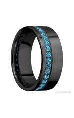 8 mm wide/Flat/Zirconium band with a Off Center Eternity arrangement of .03 carat Round Lab Blue Diamond stones in a Bead setting.