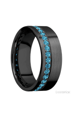 8 mm wide/Flat/Zirconium band with a Off Center Eternity arrangement of .03 carat Round Lab Blue Diamond stones in a Bead setting.