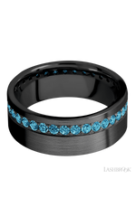 8 mm wide/Flat/Zirconium band with a Off Center Eternity arrangement of .03 carat Round Lab Blue Diamond stones in a Bead setting.