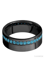 8 mm wide/Flat/Zirconium band with a Off Center Eternity arrangement of .03 carat Round Lab Blue Diamond stones in a Bead setting.