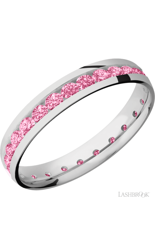 4 mm wide/Domed/Cobalt Chrome band with an Eternity arrangement of .07 carat Round Lab Dark Pink Diamond stones in a Channel setting.