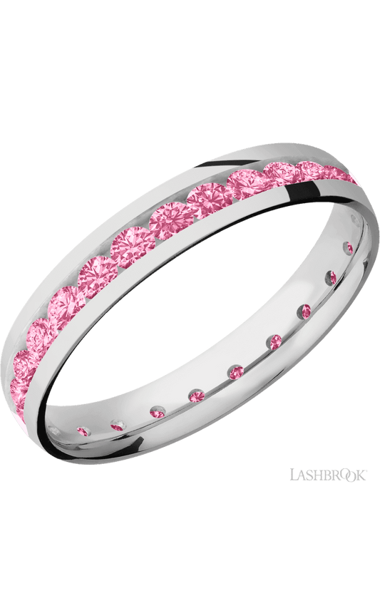 4 mm wide/Domed/Cobalt Chrome band with an Eternity arrangement of .07 carat Round Lab Dark Pink Diamond stones in a Channel setting.