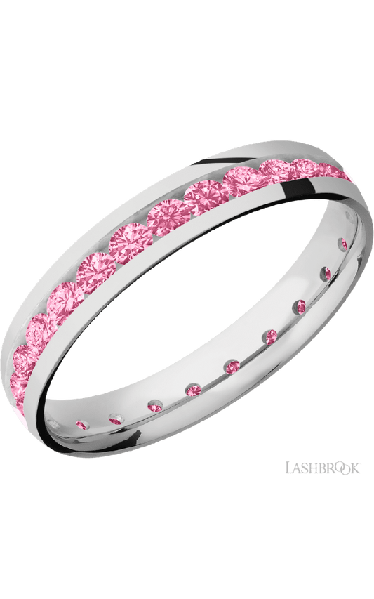 4 mm wide/Domed/Cobalt Chrome band with an Eternity arrangement of .07 carat Round Lab Dark Pink Diamond stones in a Channel setting.