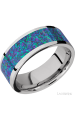 8 mm wide/Flat/Cobalt Chrome band with one 6 mm Centered inlay of Blue Green Opal.