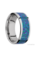 8 mm wide/Flat/Cobalt Chrome band with one 6 mm Centered inlay of Blue Green Opal.
