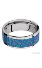 8 mm wide/Flat/Cobalt Chrome band with one 6 mm Centered inlay of Blue Green Opal.