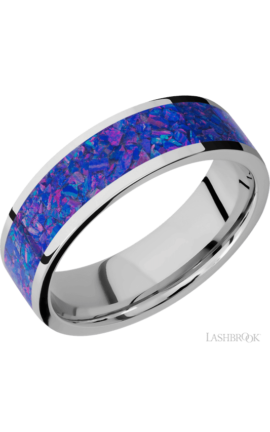 7 mm wide/Flat/Cobalt Chrome band with one 5 mm Centered inlay of Purple Opal.