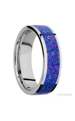 7 mm wide/Flat/Cobalt Chrome band with one 5 mm Centered inlay of Purple Opal.