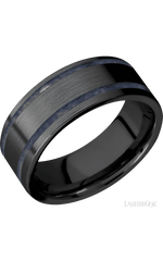 8 mm wide/Flat/Zirconium band with two 1 mm Wide inlays of Sodalite.