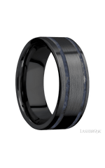 8 mm wide/Flat/Zirconium band with two 1 mm Wide inlays of Sodalite.