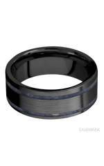 8 mm wide/Flat/Zirconium band with two 1 mm Wide inlays of Sodalite.