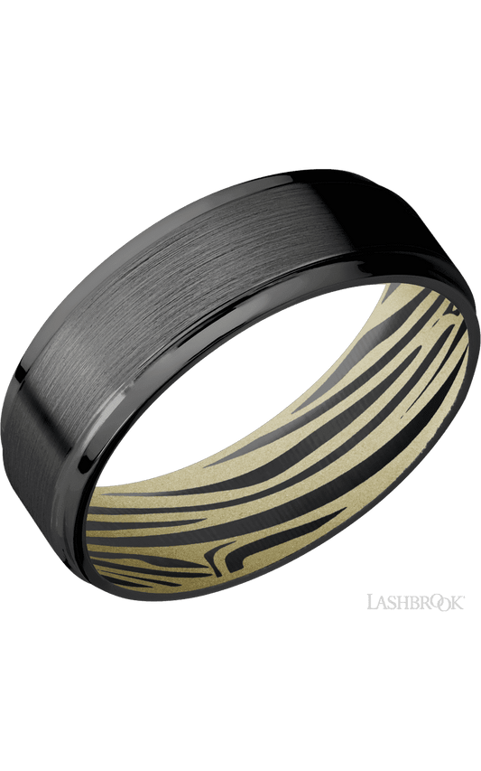 7 mm wide Flat Grooved Edges Zirconium band featuring a Bright Nickel sleeve.