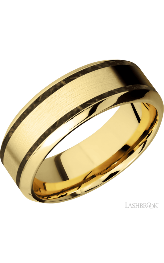 8 mm wide/High Bevel/14K Yellow Gold band with two 1 mm Wide inlays of Gold Tiger Eye.