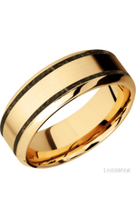 8 mm wide/High Bevel/14K Yellow Gold band with two 1 mm Wide inlays of Gold Tiger Eye.