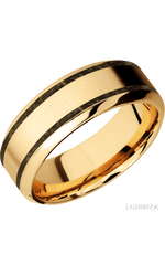 8 mm wide/High Bevel/14K Yellow Gold band with two 1 mm Wide inlays of Gold Tiger Eye.