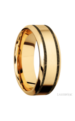 8 mm wide/High Bevel/14K Yellow Gold band with two 1 mm Wide inlays of Gold Tiger Eye.