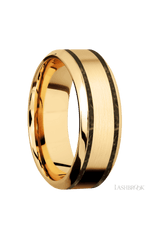 8 mm wide/High Bevel/14K Yellow Gold band with two 1 mm Wide inlays of Gold Tiger Eye.