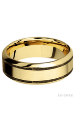8 mm wide/High Bevel/14K Yellow Gold band with two 1 mm Wide inlays of Gold Tiger Eye.