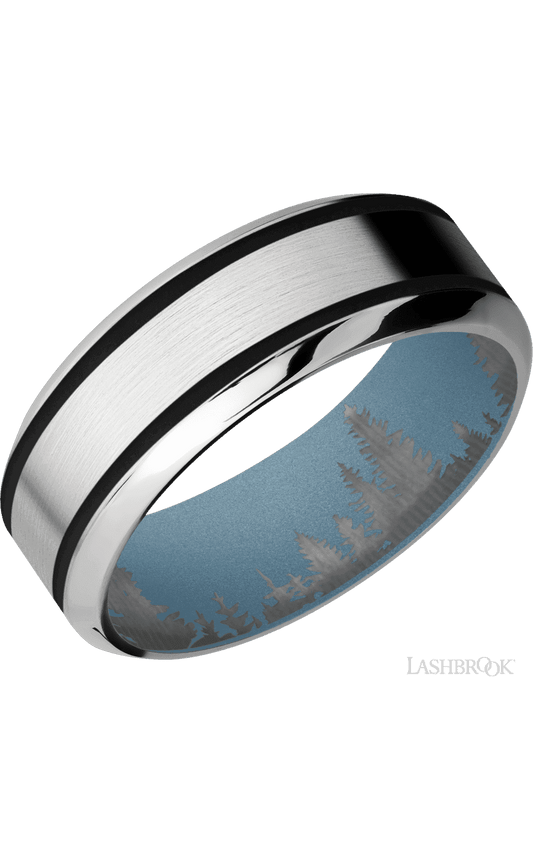 8 mm wide/High Bevel/Cobalt Chrome band with two 1 mm Wide inlays of Black also featuring a Polar Blue sleeve.