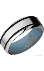 8 mm wide/High Bevel/Cobalt Chrome band with two 1 mm Wide inlays of Black also featuring a Polar Blue sleeve.