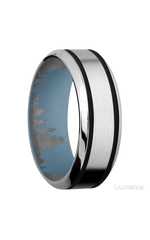 8 mm wide/High Bevel/Cobalt Chrome band with two 1 mm Wide inlays of Black also featuring a Polar Blue sleeve.