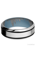 8 mm wide/High Bevel/Cobalt Chrome band with two 1 mm Wide inlays of Black also featuring a Polar Blue sleeve.