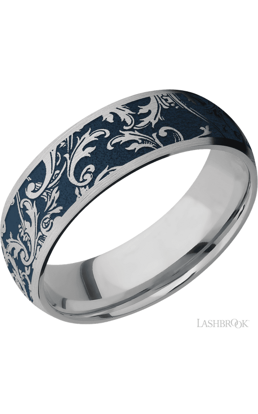 7 mm wide/Domed/Titanium band with a laser carved Black Leaf pattern.