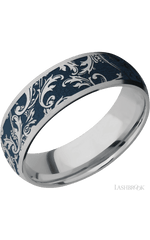 7 mm wide/Domed/Titanium band with a laser carved Black Leaf pattern.