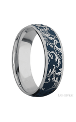 7 mm wide/Domed/Titanium band with a laser carved Black Leaf pattern.