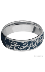 7 mm wide/Domed/Titanium band with a laser carved Black Leaf pattern.
