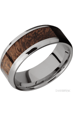 8 mm wide/Beveled/Titanium band with one 5 mm Centered inlay of Sapele.