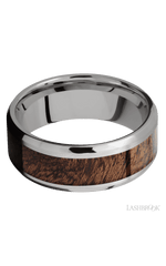 8 mm wide/Beveled/Titanium band with one 5 mm Centered inlay of Sapele.