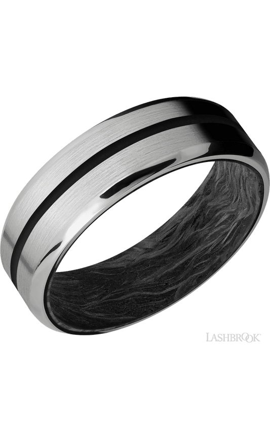 7 mm wide/Beveled/Titanium band with one 1 mm Centered inlay of Black also featuring a Forged Carbon Fiber sleeve.