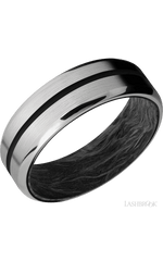 7 mm wide/Beveled/Titanium band with one 1 mm Centered inlay of Black also featuring a Forged Carbon Fiber sleeve.