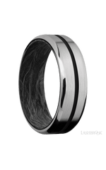 7 mm wide/Beveled/Titanium band with one 1 mm Centered inlay of Black also featuring a Forged Carbon Fiber sleeve.