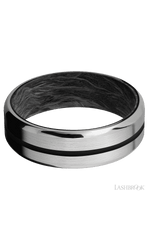 7 mm wide/Beveled/Titanium band with one 1 mm Centered inlay of Black also featuring a Forged Carbon Fiber sleeve.