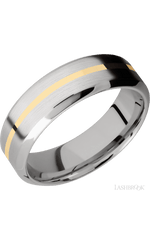 7 mm wide/High Bevel/14K White Gold band with one 1 mm Centered inlay of 14K Yellow Gold.
