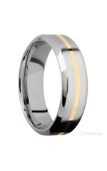 7 mm wide/High Bevel/14K White Gold band with one 1 mm Centered inlay of 14K Yellow Gold.
