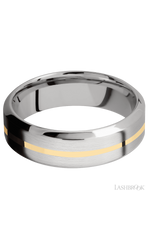 7 mm wide/High Bevel/14K White Gold band with one 1 mm Centered inlay of 14K Yellow Gold.