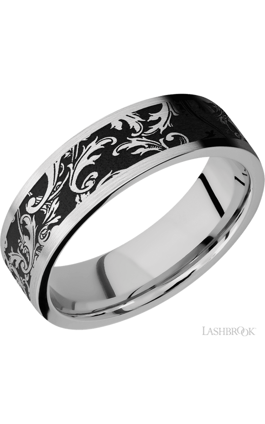 7 mm wide/Flat/Cobalt Chrome band with a laser carved Black Leaf pattern.
